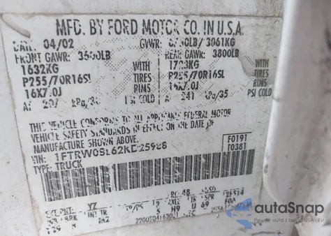 2002 Ford F-150 Lariat/Xlt from USA, damaged, VIN 1FTRW08L62KD25988